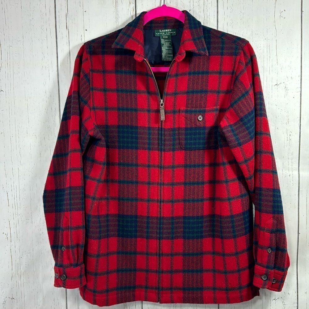 Lauren Ralph Lauren 100% Lambswool Plaid Pullover Shirt Jacket Red Navy Tartan